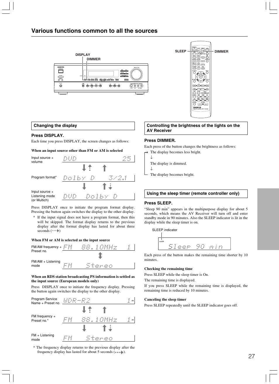 Various functions common to all the sources | Onkyo TX-SR500E User Manual | Page 27 / 40