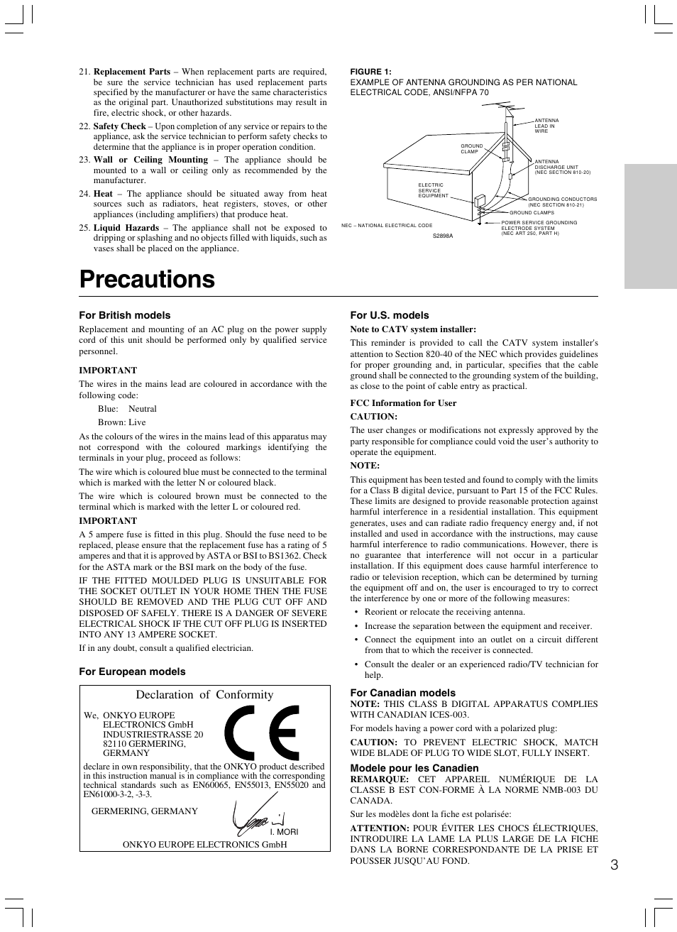 Precautions, Declaration of conformity | Onkyo TX-SR500E User Manual | Page 3 / 40