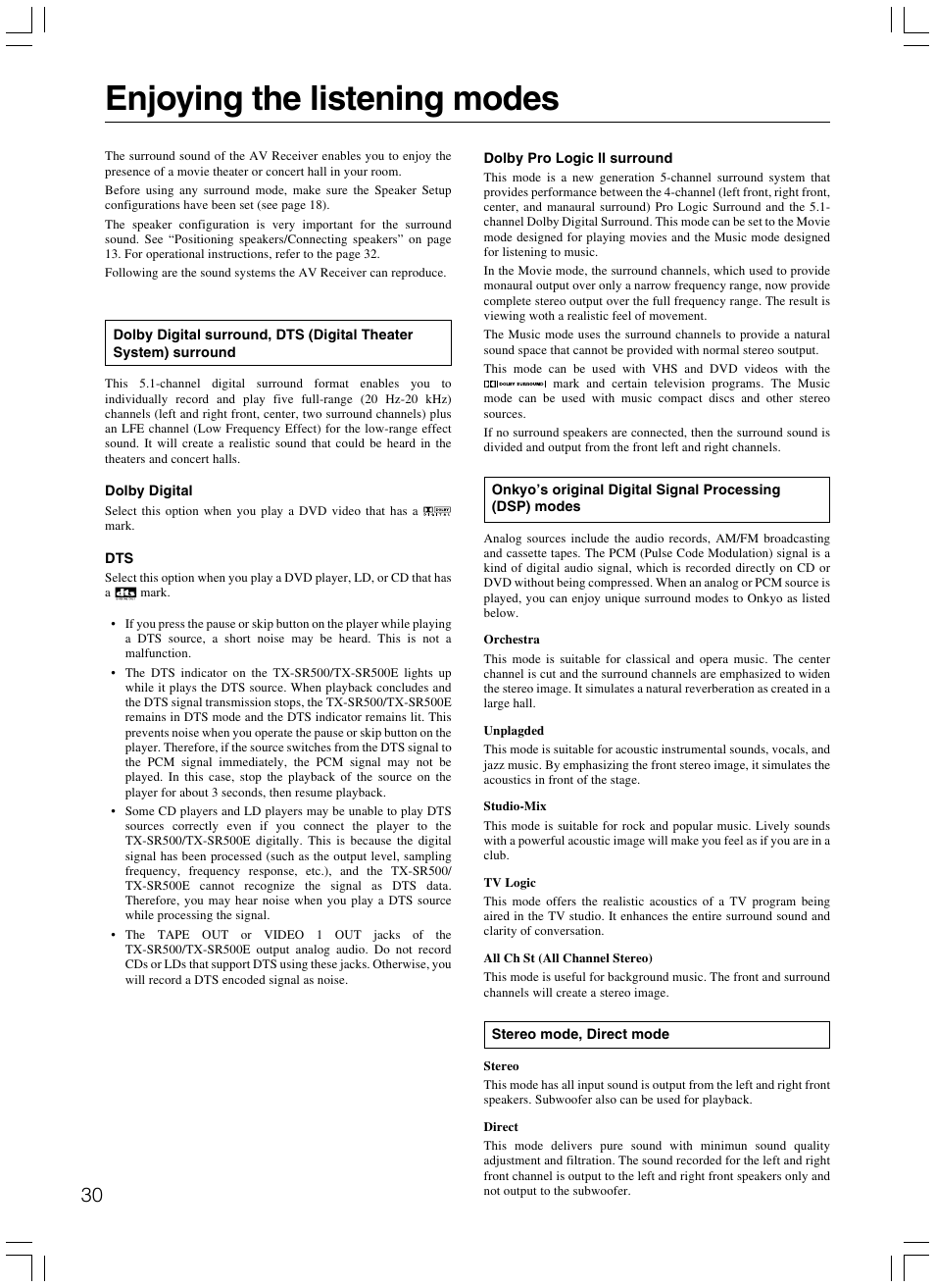 Enjoying the listening modes | Onkyo TX-SR500E User Manual | Page 30 / 40