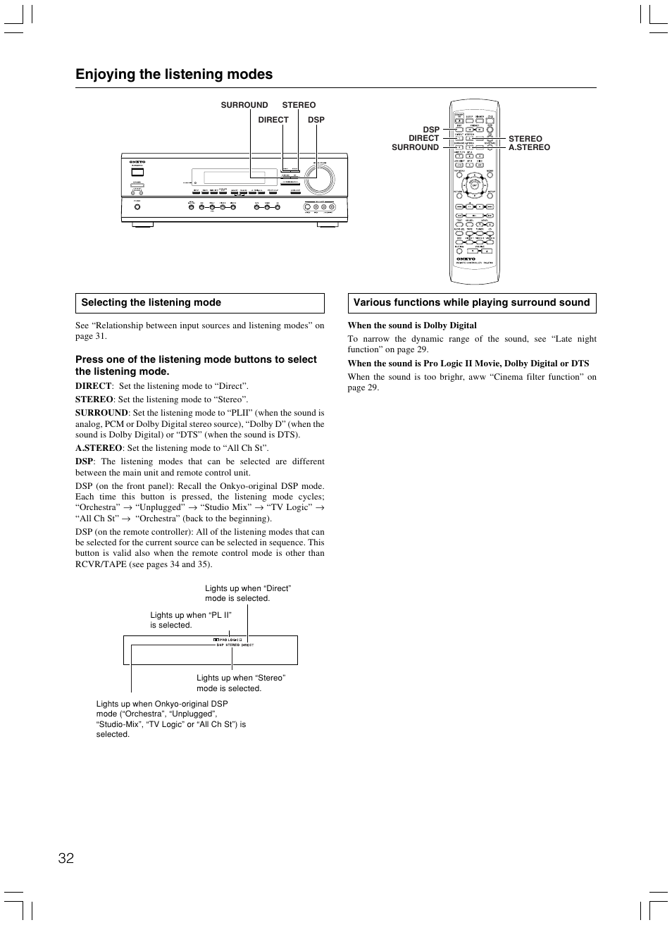 Enjoying the listening modes | Onkyo TX-SR500E User Manual | Page 32 / 40