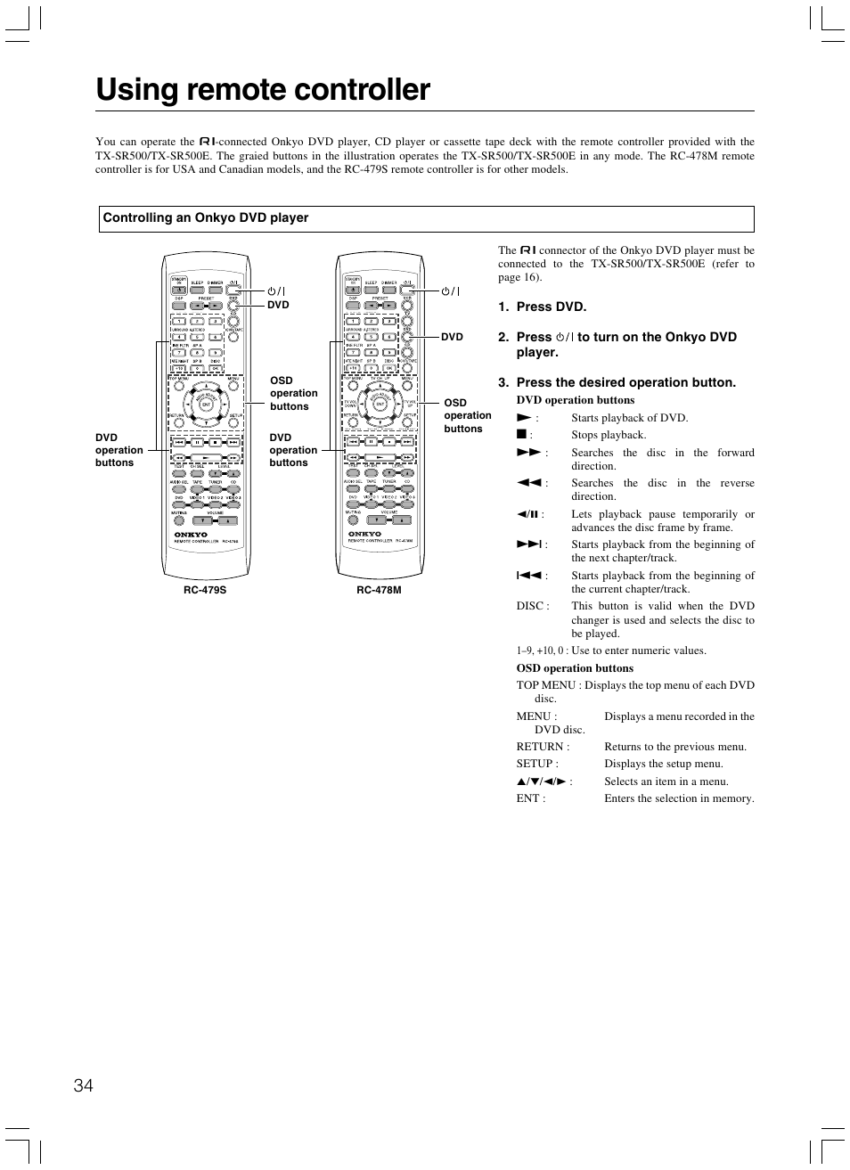 Using remote controller | Onkyo TX-SR500E User Manual | Page 34 / 40