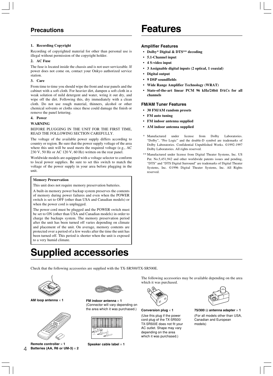 Features, Supplied accessories, Precautions | Onkyo TX-SR500E User Manual | Page 4 / 40