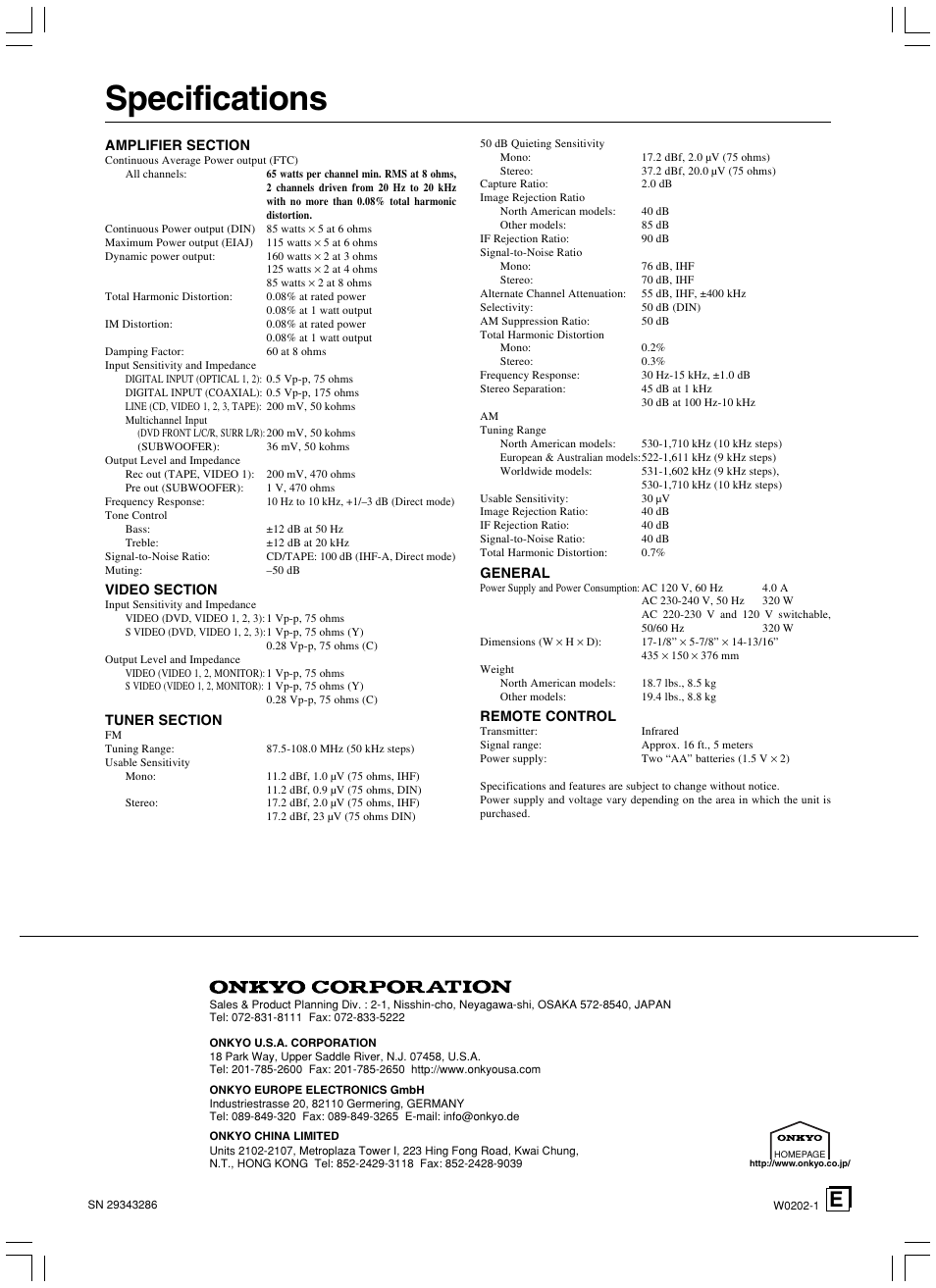 Specifications | Onkyo TX-SR500E User Manual | Page 40 / 40