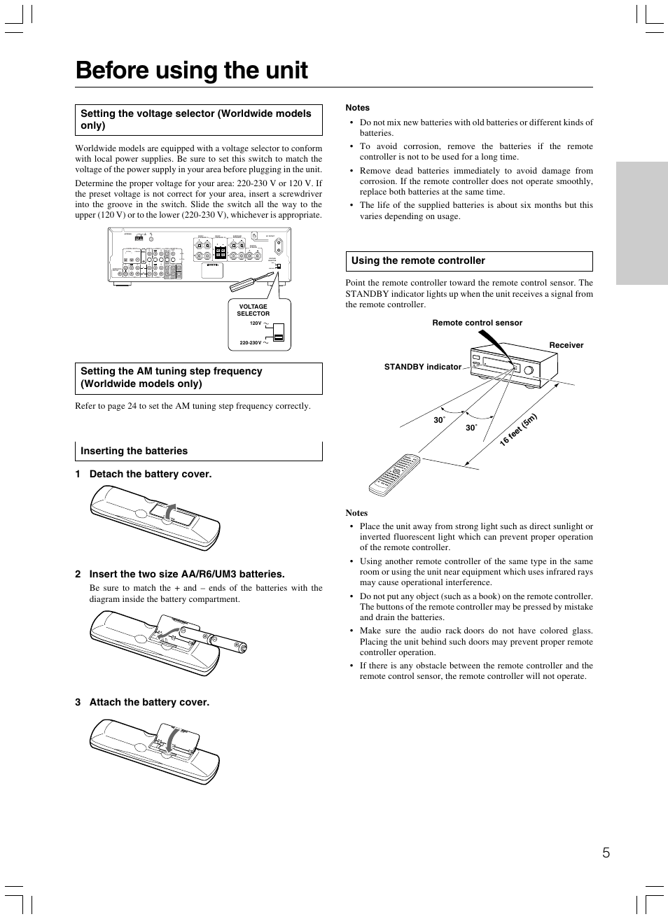 Before using the unit, Remote control, Video s video | 120 v, 230 v, Fm 75 am, 3 attach the battery cover, Using the remote controller | Onkyo TX-SR500E User Manual | Page 5 / 40