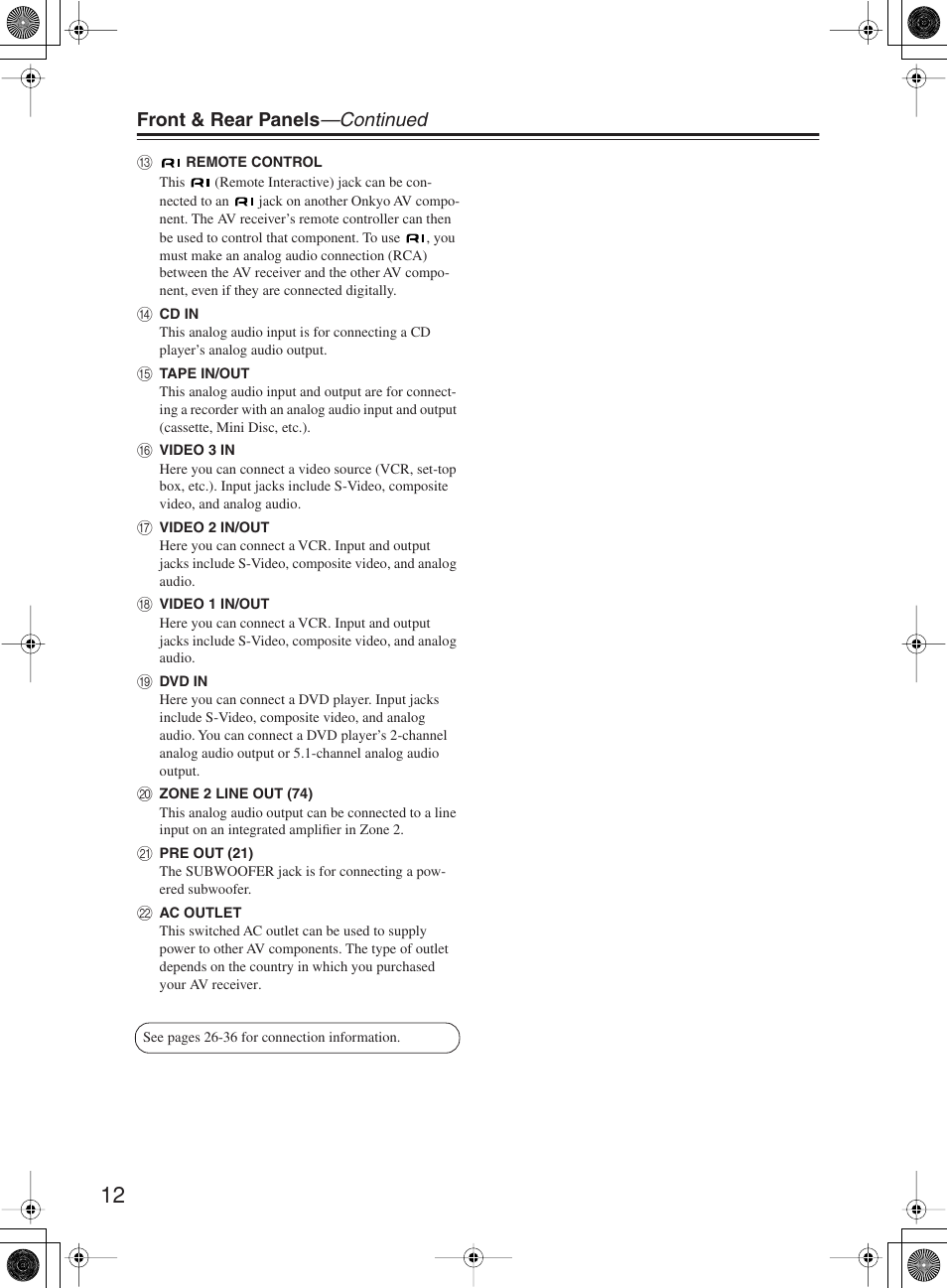 Front & rear panels —continued | Onkyo TX-SR603X User Manual | Page 12 / 88