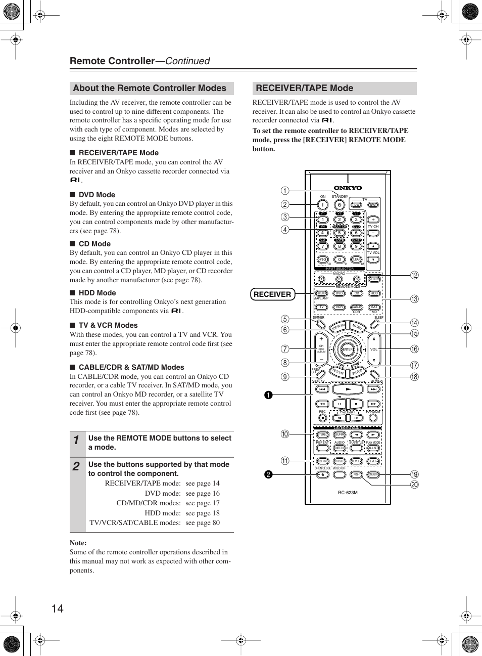 Remote controller —continued, About the remote controller modes, Receiver/tape mode | Onkyo TX-SR603X User Manual | Page 14 / 88