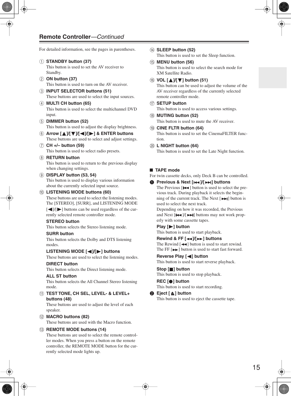 Remote controller —continued | Onkyo TX-SR603X User Manual | Page 15 / 88
