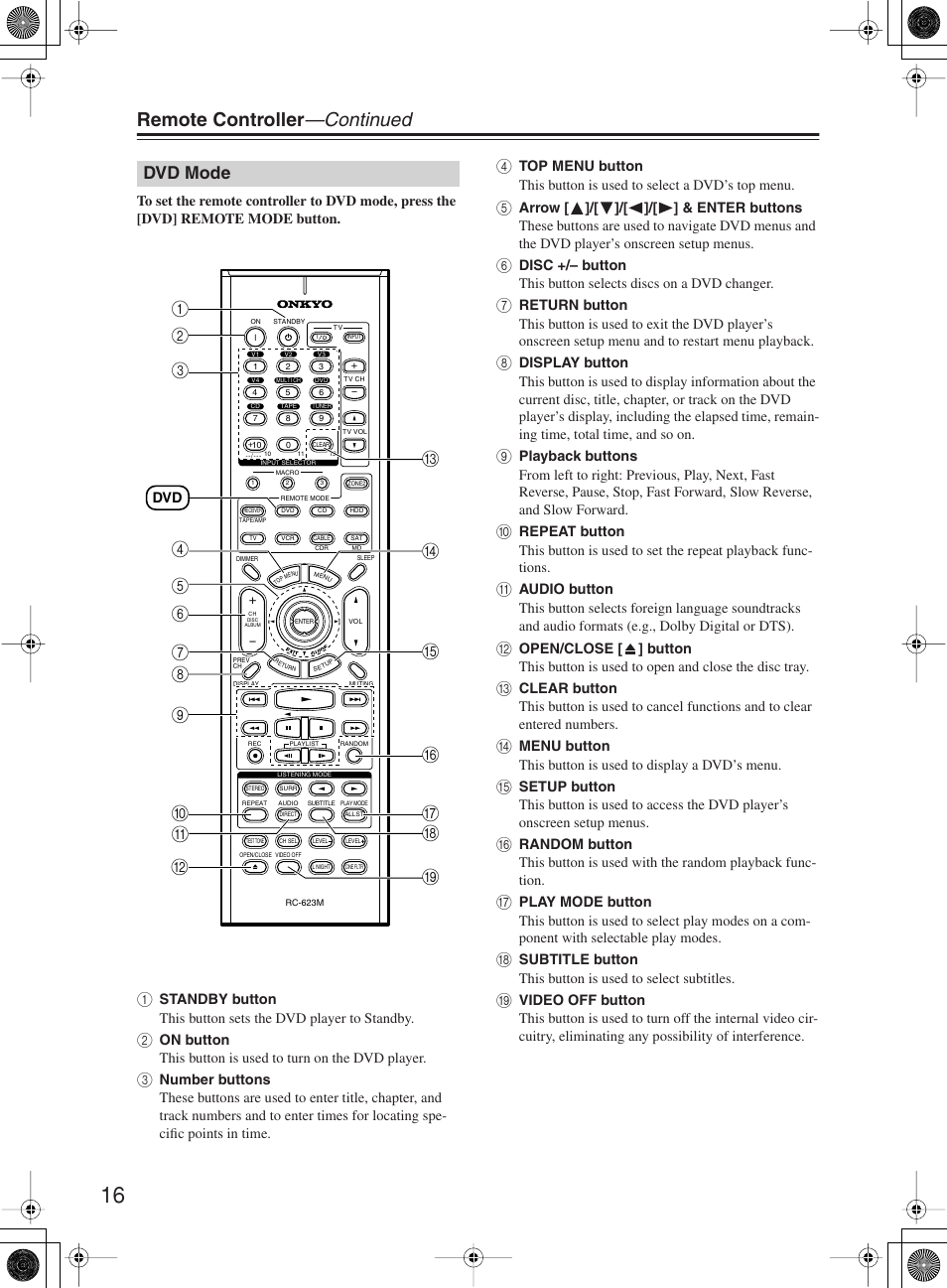 Remote controller —continued, Dvd mode, On p j k | Onkyo TX-SR603X User Manual | Page 16 / 88