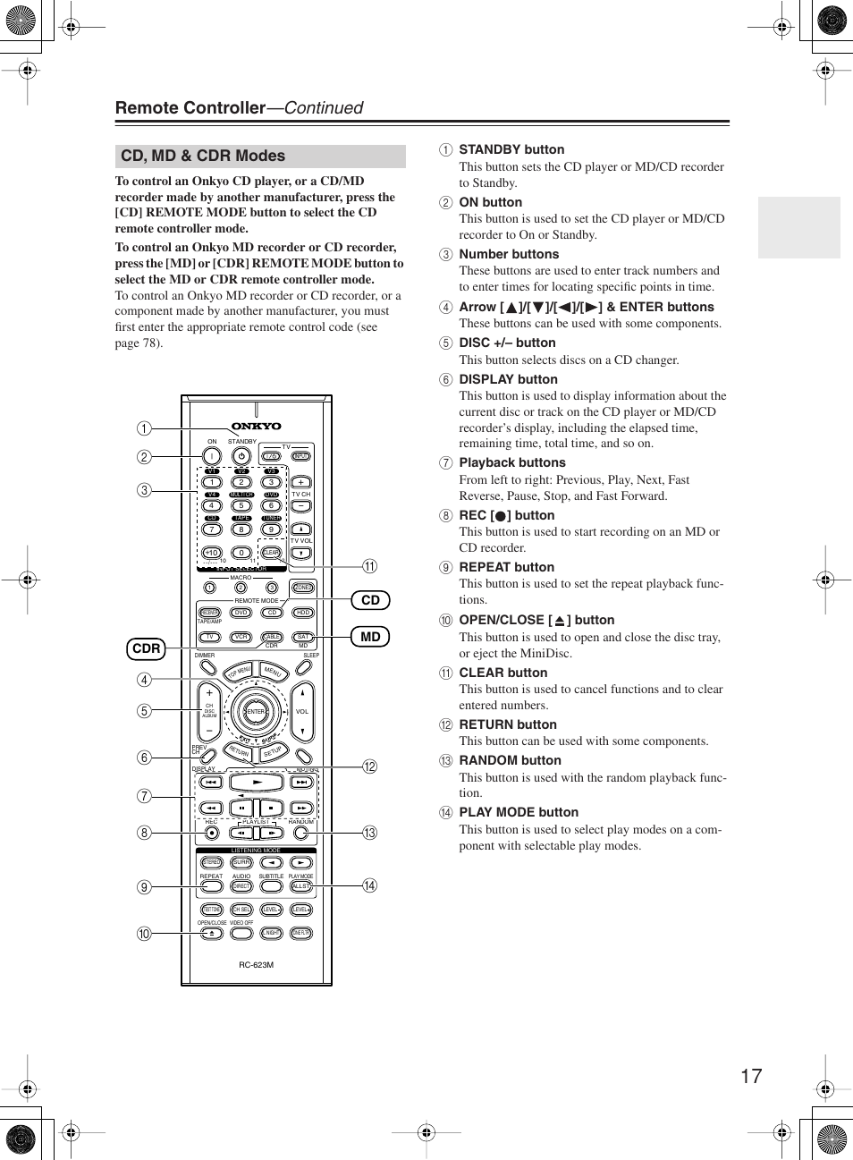 Remote controller —continued, Cd, md & cdr modes | Onkyo TX-SR603X User Manual | Page 17 / 88