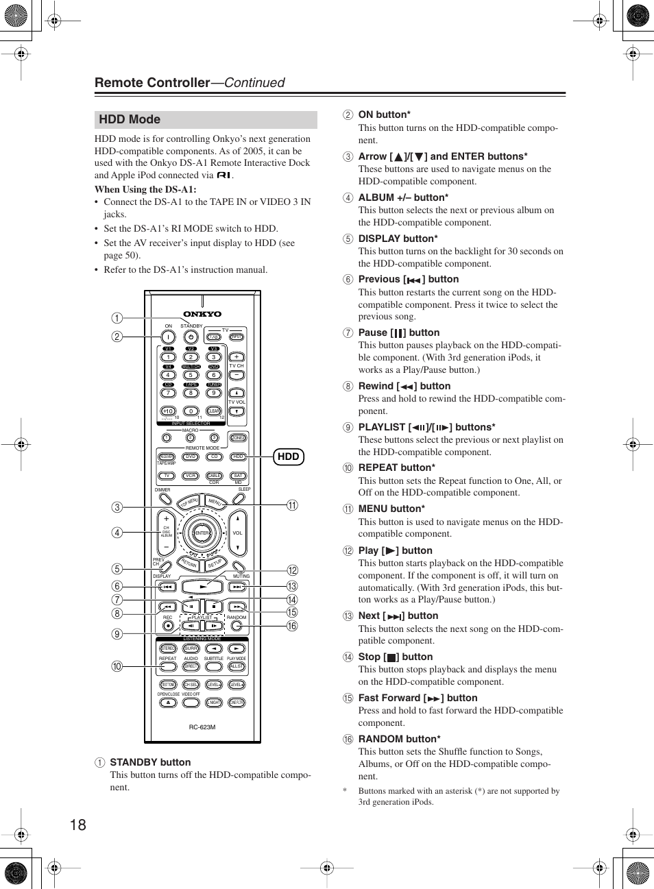 Remote controller —continued, Hdd mode | Onkyo TX-SR603X User Manual | Page 18 / 88