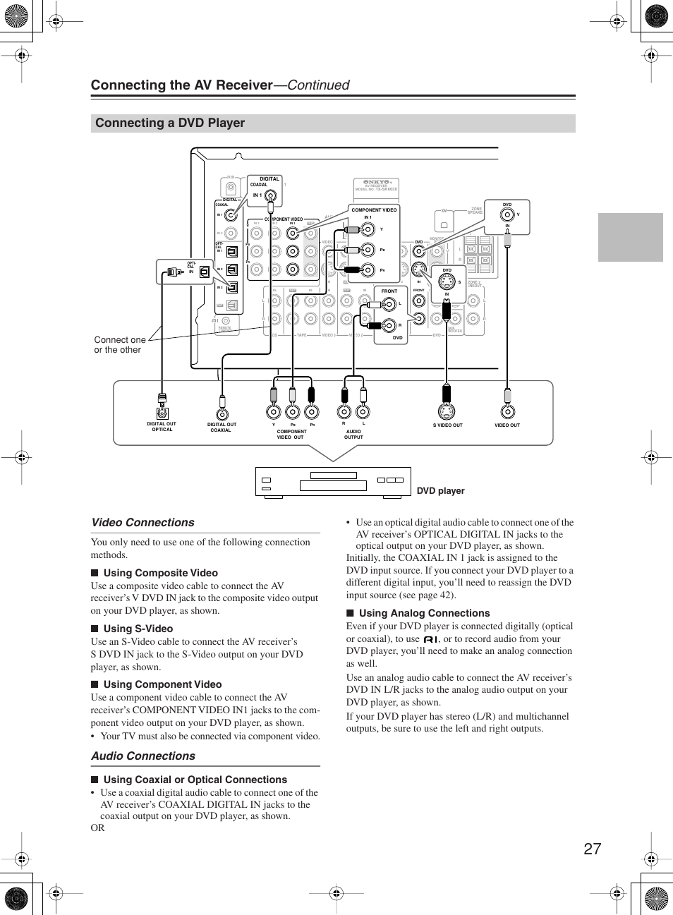 Connecting the av receiver —continued, Connecting a dvd player, Video connections | Audio connections, Dvd player connect one or the other | Onkyo TX-SR603X User Manual | Page 27 / 88