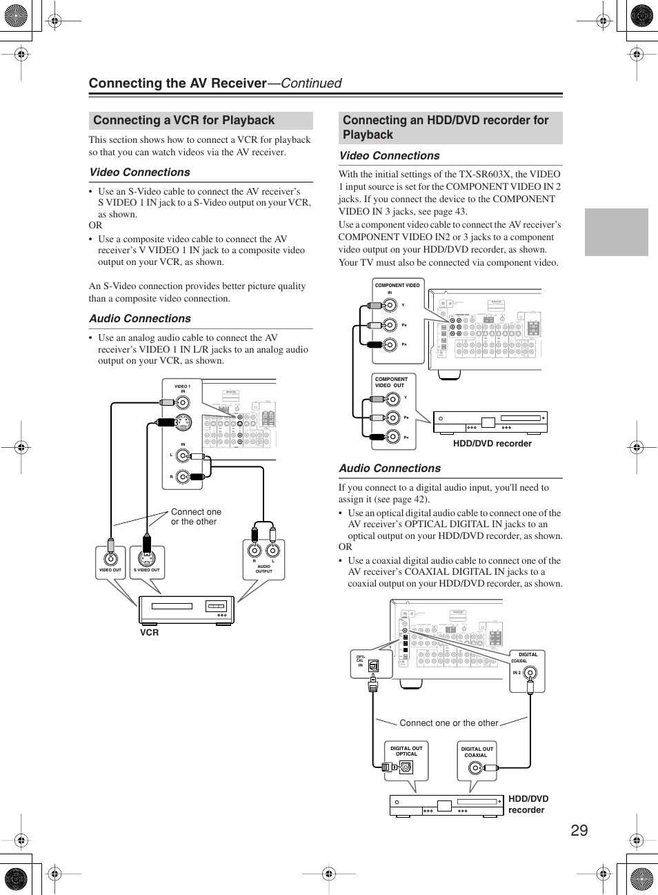 Connecting the av receiver —continued, Connecting a vcr for playback, Connecting an hdd/dvd recorder for playback | Video connections, Audio connections, Av receiver model no, Front surround center, Sub woofer monitor out coaxial opti- cal, Remote control in 2 in 3, Pb y pr | Onkyo TX-SR603X User Manual | Page 29 / 88