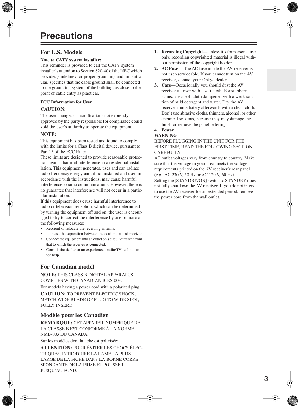 Precautions, For u.s. models, For canadian model | Modèle pour les canadien | Onkyo TX-SR603X User Manual | Page 3 / 88
