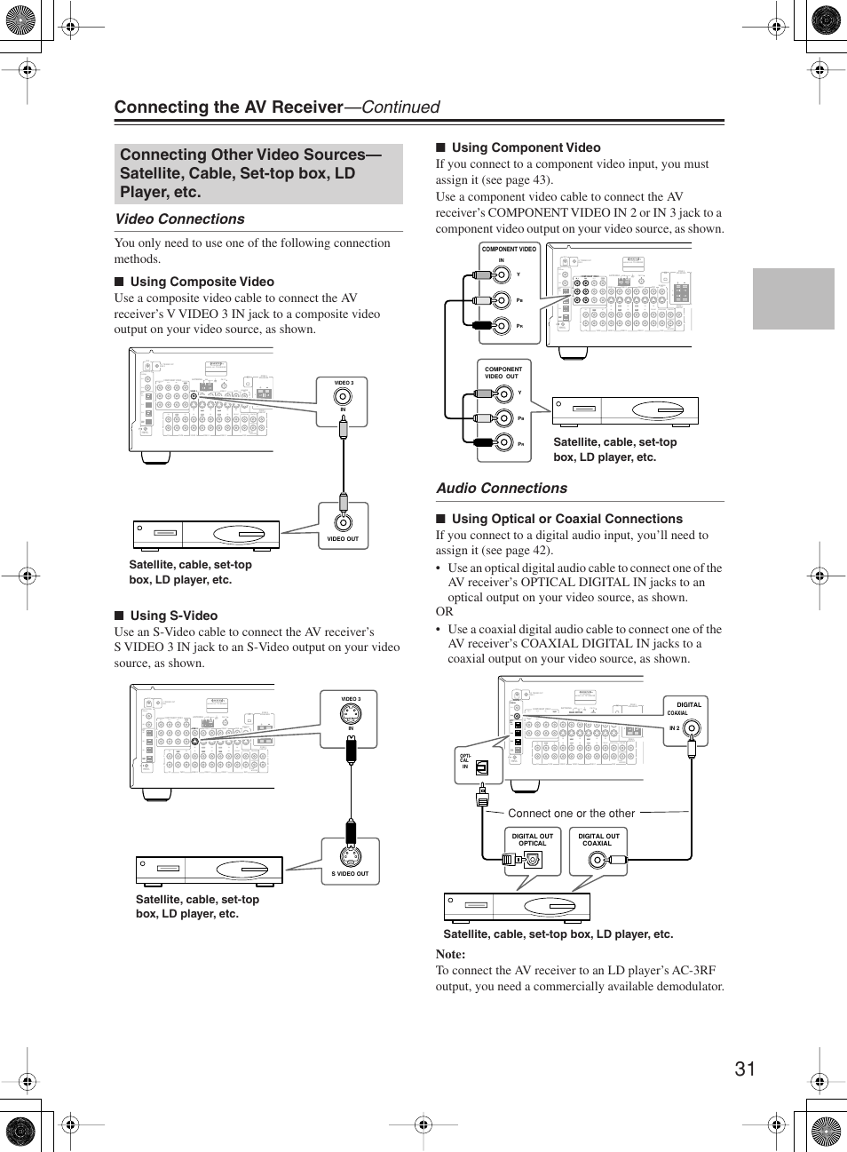 Connecting the av receiver —continued, Video connections, Audio connections | Av receiver model no, Front surround center, Sub woofer monitor out coaxial opti- cal, Remote control in 2 in 3, Pb y pr, Fm 75 am | Onkyo TX-SR603X User Manual | Page 31 / 88