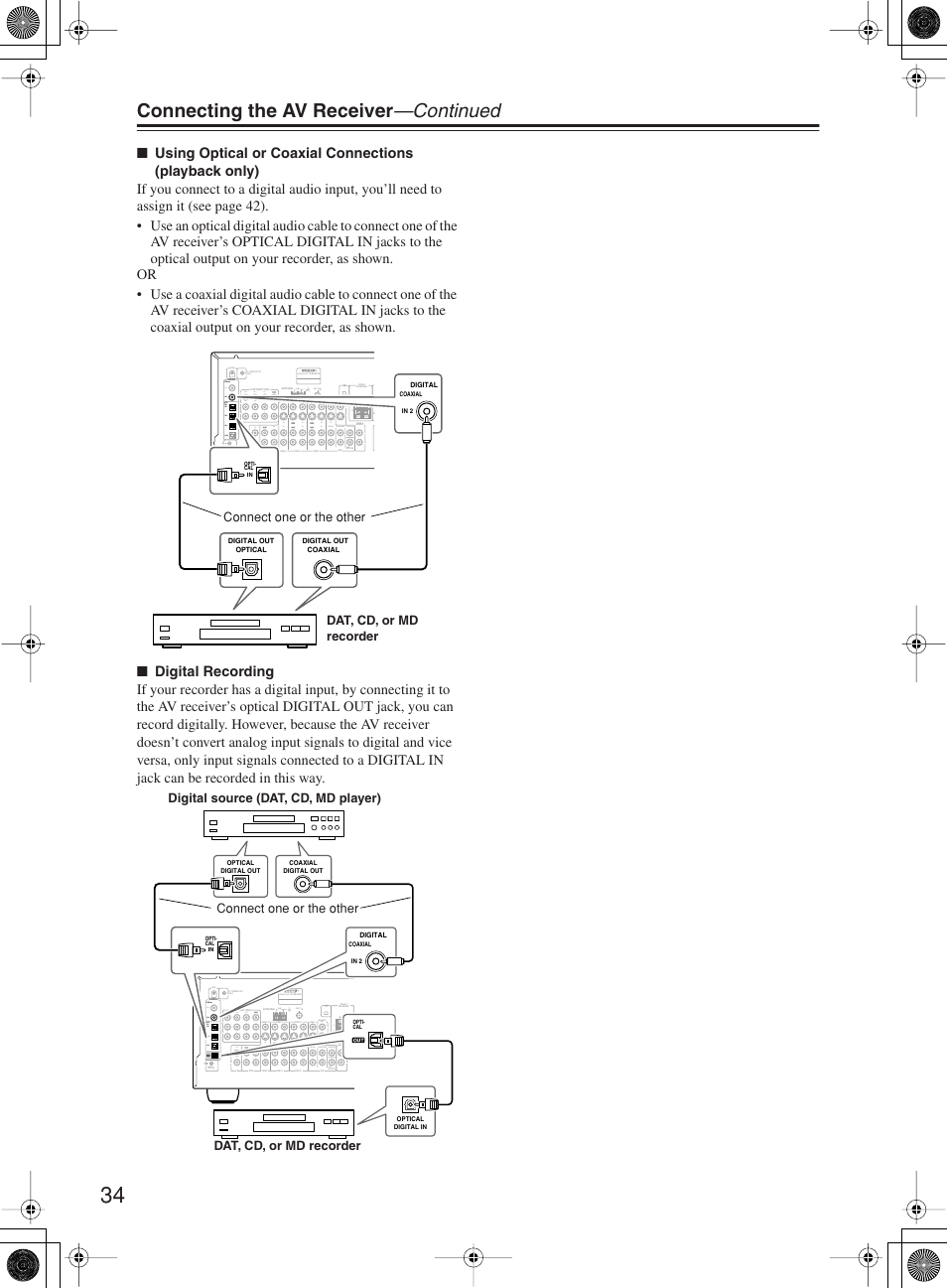 Connecting the av receiver —continued, Av receiver model no, Front surround center | Sub woofer monitor out coaxial opti- cal, Remote control in 2 in 3, Pb y pr, Fm 75 am | Onkyo TX-SR603X User Manual | Page 34 / 88