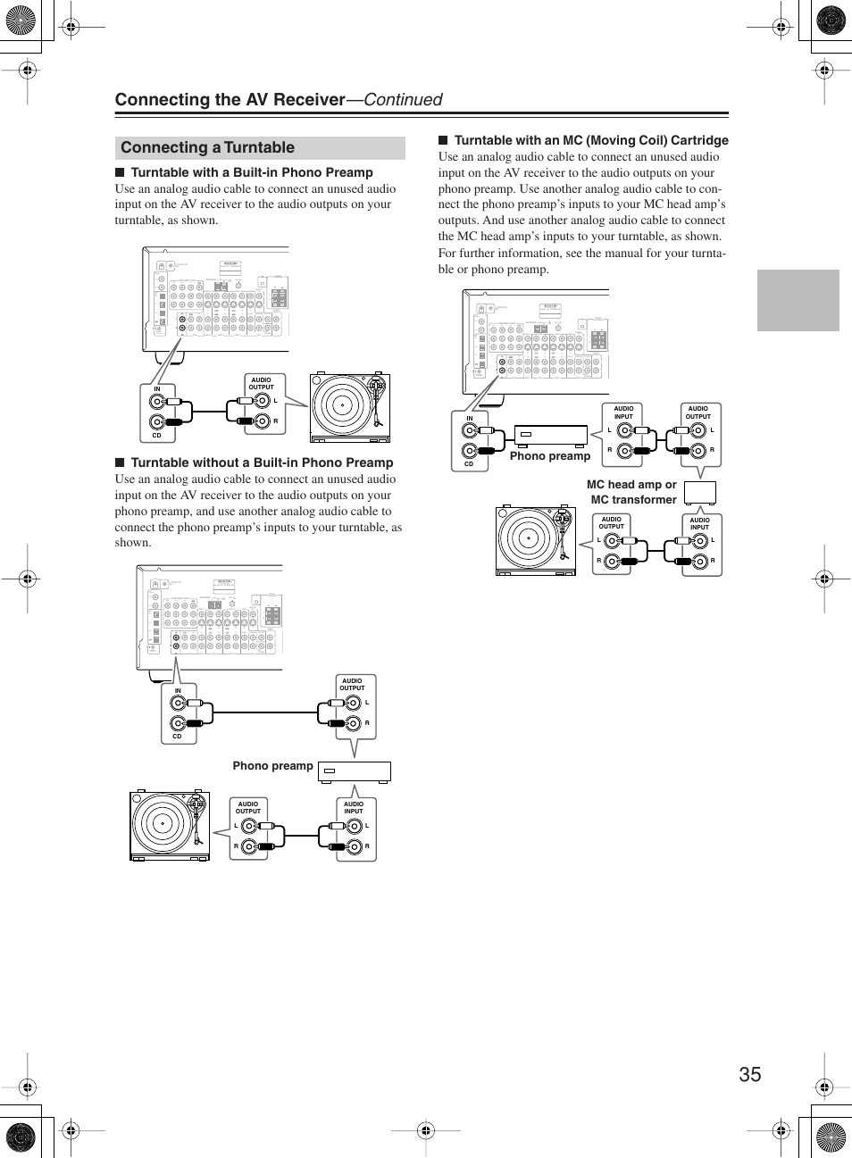 Connecting the av receiver —continued, Connecting a turntable, Av receiver model no | Front surround center, Sub woofer monitor out coaxial opti- cal, Remote control in 2 in 3, Pb y pr, Fm 75 am | Onkyo TX-SR603X User Manual | Page 35 / 88