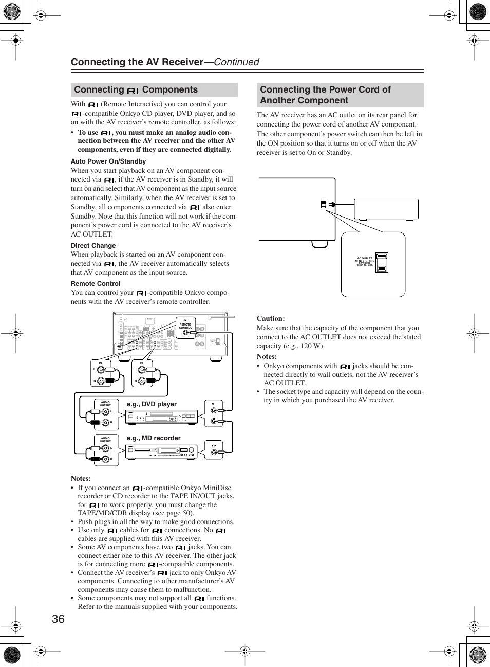 Connecting the av receiver —continued, Connecting components, Connecting the power cord of another component | Onkyo TX-SR603X User Manual | Page 36 / 88