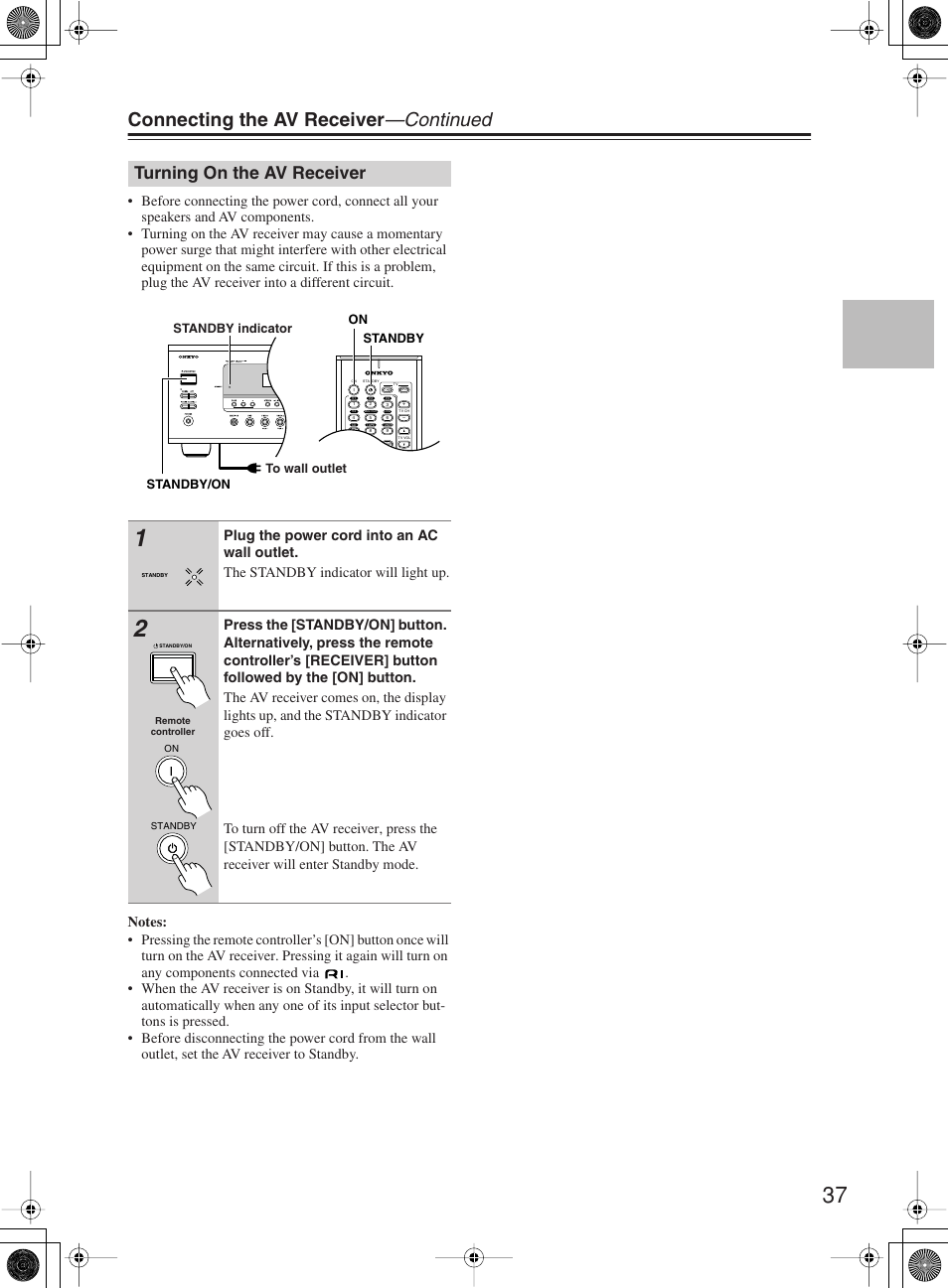 Connecting the av receiver —continued, Turning on the av receiver | Onkyo TX-SR603X User Manual | Page 37 / 88
