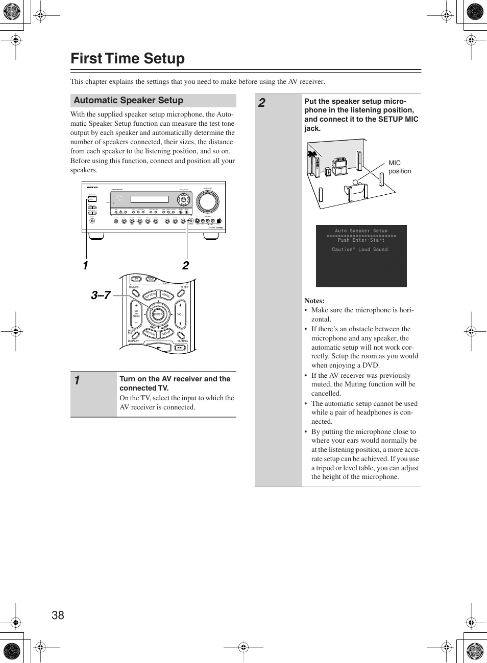 First time setup, Automatic speaker setup | Onkyo TX-SR603X User Manual | Page 38 / 88