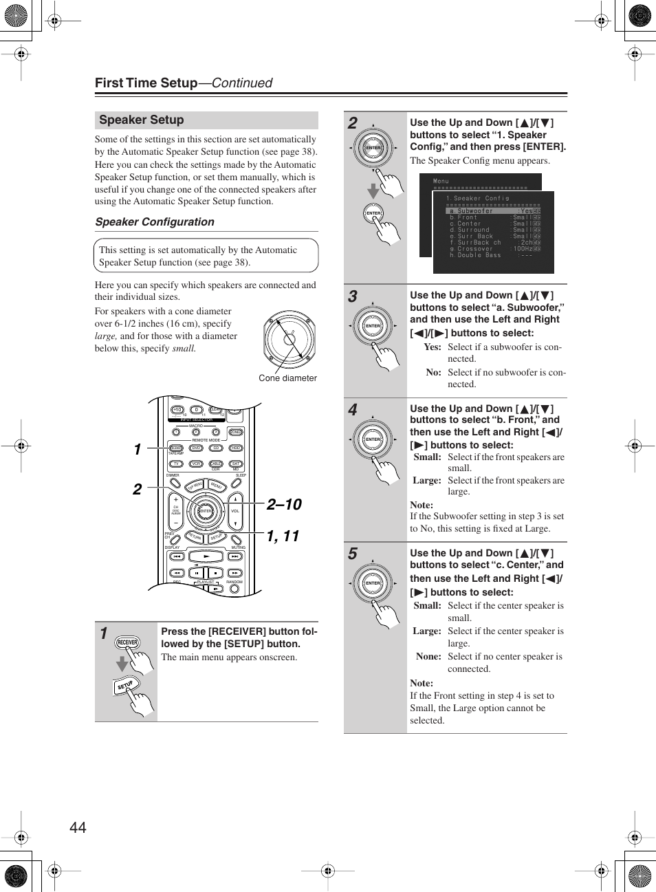 First time setup —continued, Speaker setup, Speaker configuration | Onkyo TX-SR603X User Manual | Page 44 / 88
