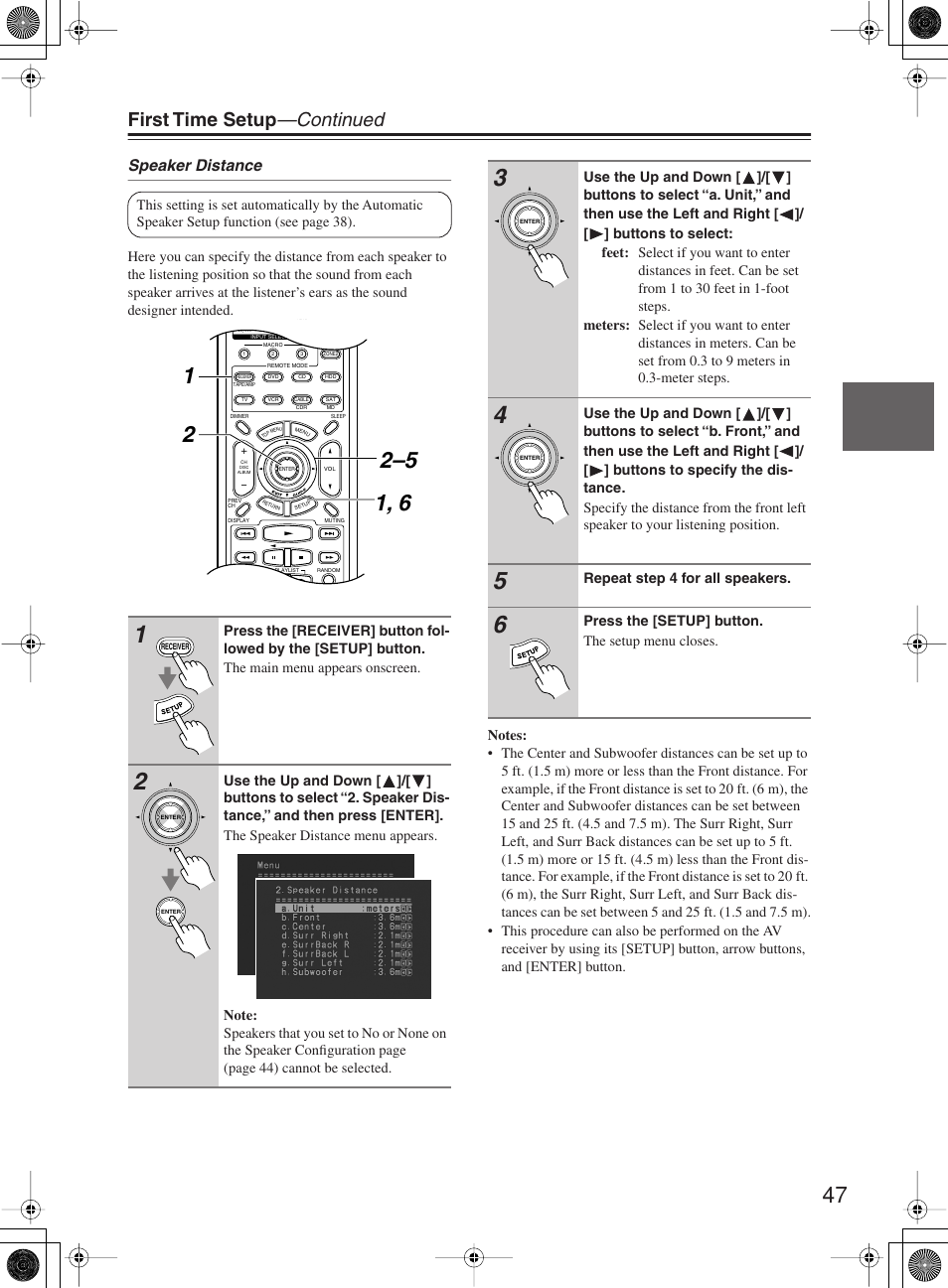 First time setup —continued, Speaker distance | Onkyo TX-SR603X User Manual | Page 47 / 88