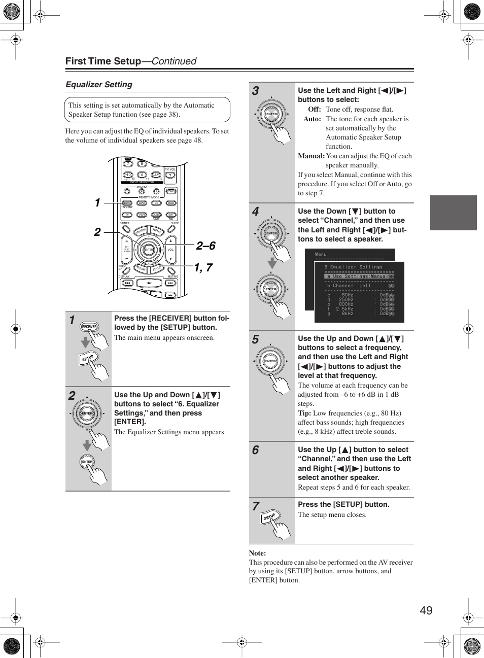 First time setup —continued, Equalizer setting | Onkyo TX-SR603X User Manual | Page 49 / 88