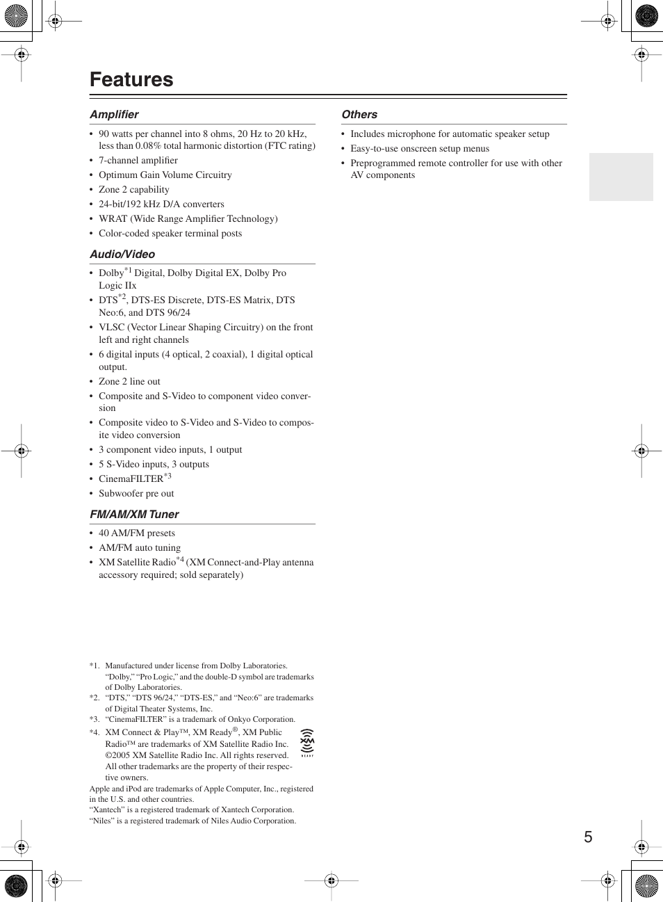 Features | Onkyo TX-SR603X User Manual | Page 5 / 88