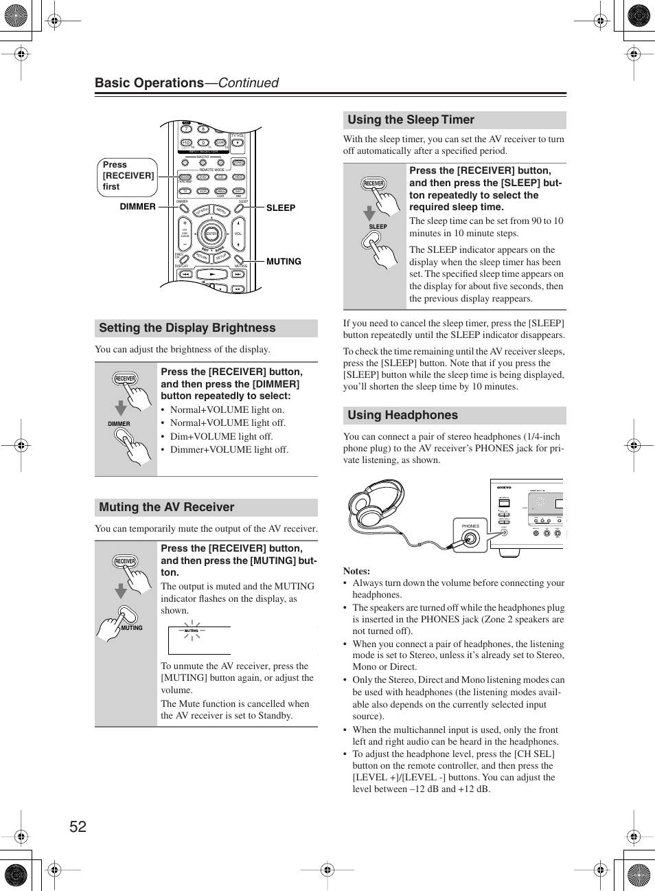 Basic operations —continued, Setting the display brightness, Muting the av receiver | Using the sleep timer, Using headphones | Onkyo TX-SR603X User Manual | Page 52 / 88