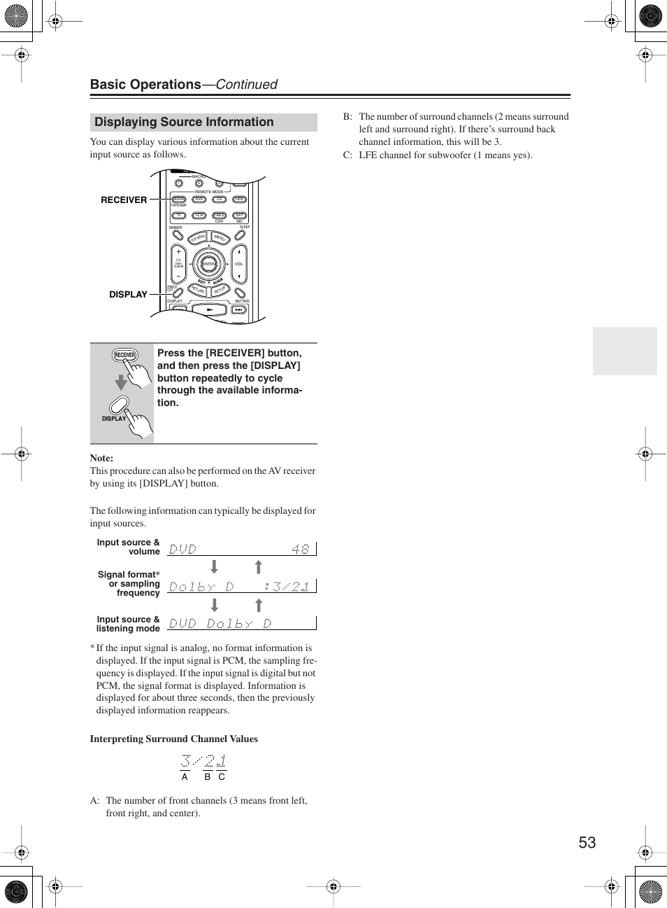 Basic operations —continued, Displaying source information | Onkyo TX-SR603X User Manual | Page 53 / 88