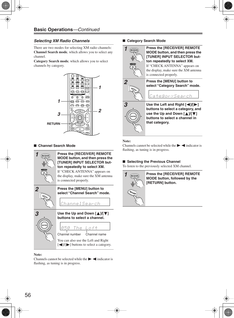 Basic operations —continued, Selecting xm radio channels | Onkyo TX-SR603X User Manual | Page 56 / 88