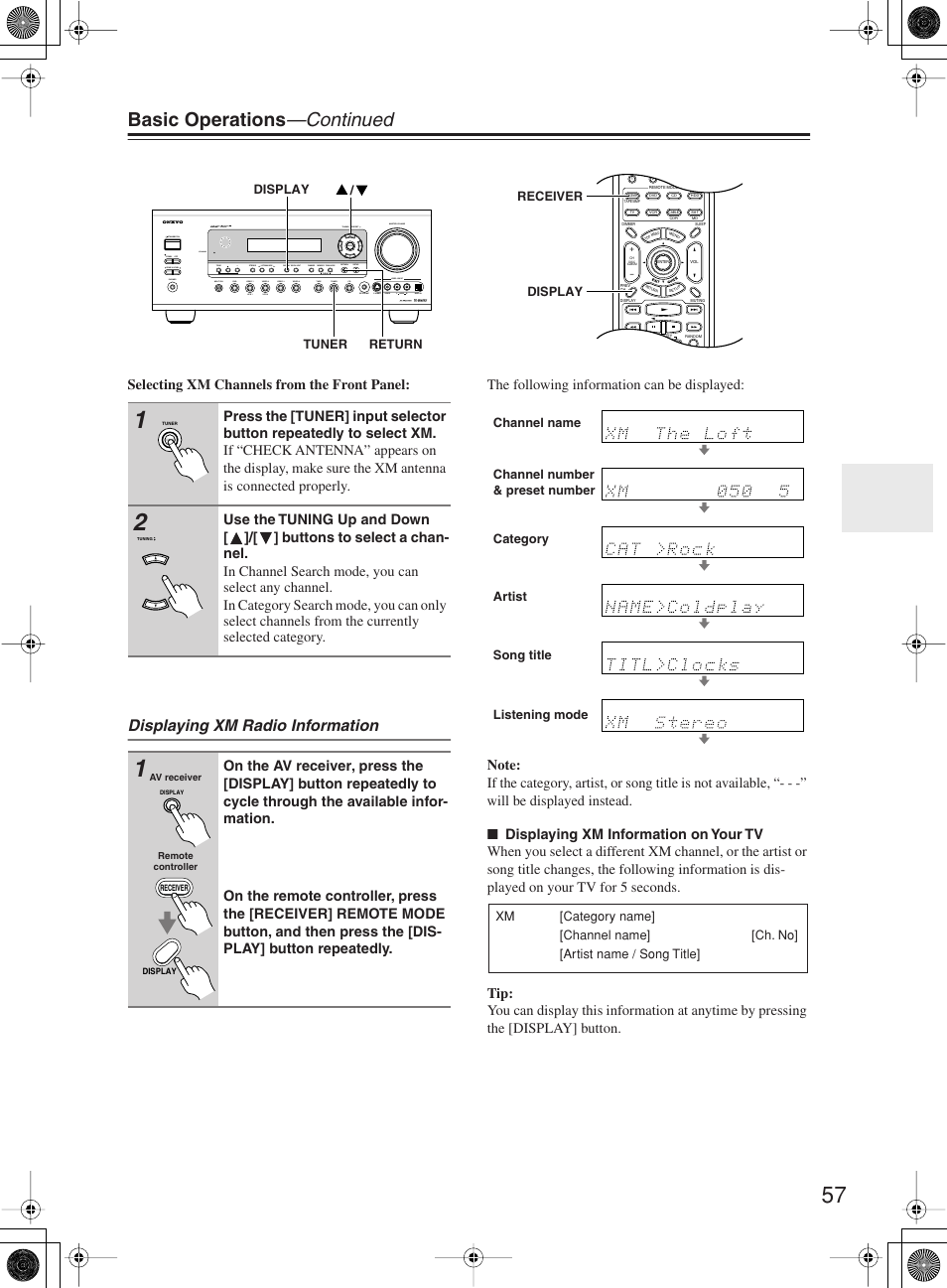Basic operations —continued, Displaying xm radio information, Selecting xm channels from the front panel | Onkyo TX-SR603X User Manual | Page 57 / 88