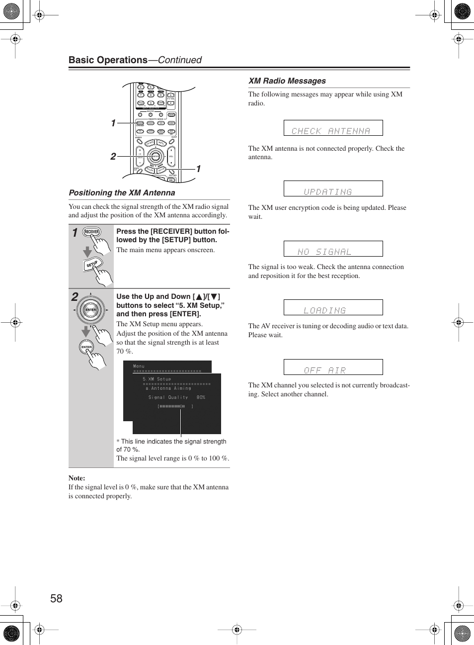 Basic operations —continued, Positioning the xm antenna, Xm radio messages | The signal level range is 0 % to 100 | Onkyo TX-SR603X User Manual | Page 58 / 88
