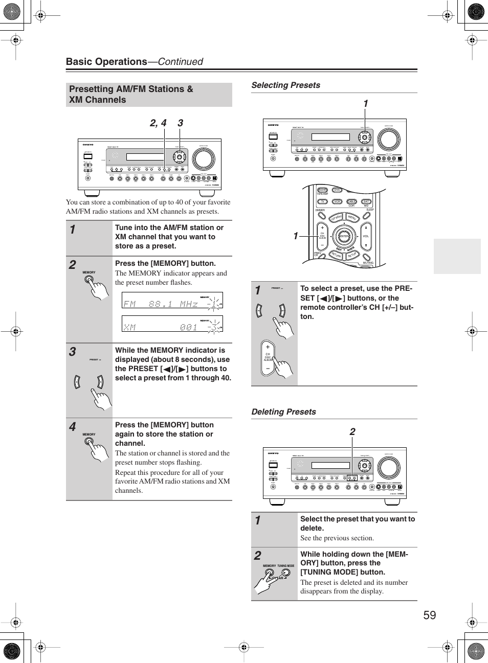 Basic operations —continued, Presetting am/fm stations & xm channels, Selecting presets deleting presets | Onkyo TX-SR603X User Manual | Page 59 / 88