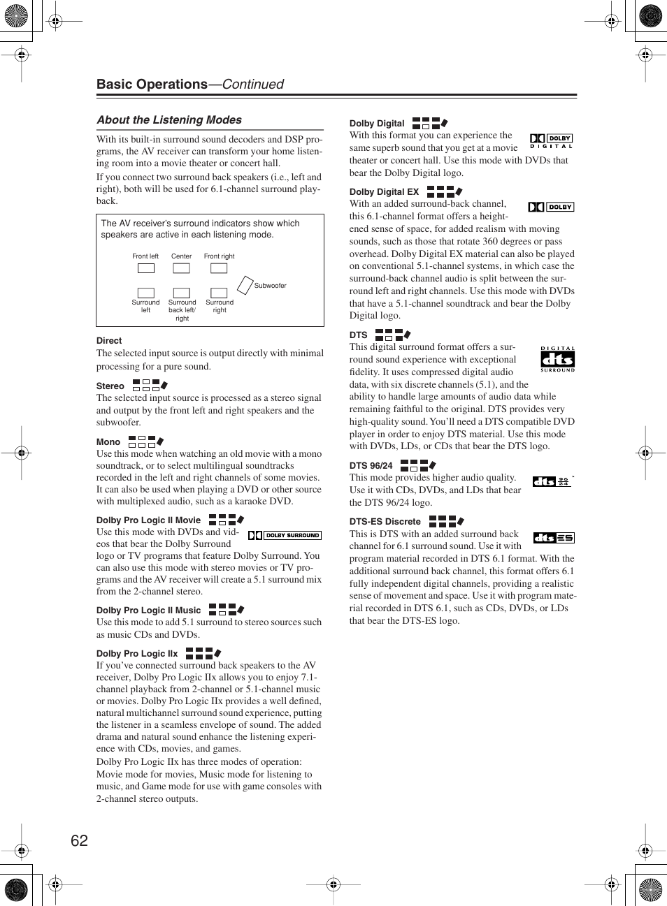 Basic operations —continued | Onkyo TX-SR603X User Manual | Page 62 / 88
