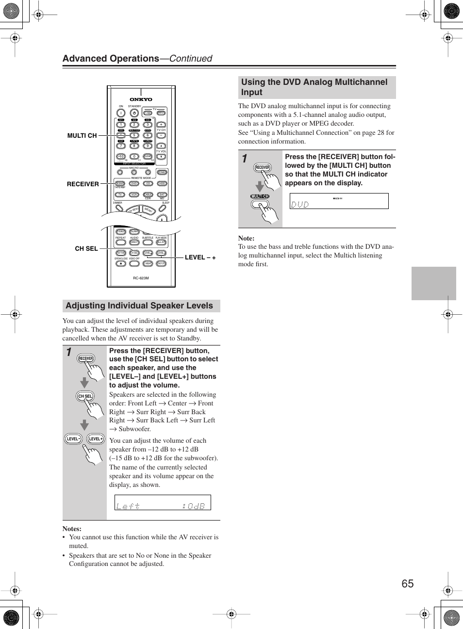 Advanced operations —continued, Adjusting individual speaker levels, Using the dvd analog multichannel input | Center, Front right, Surr right, Surr back right, Surr back left, Surr left | Onkyo TX-SR603X User Manual | Page 65 / 88