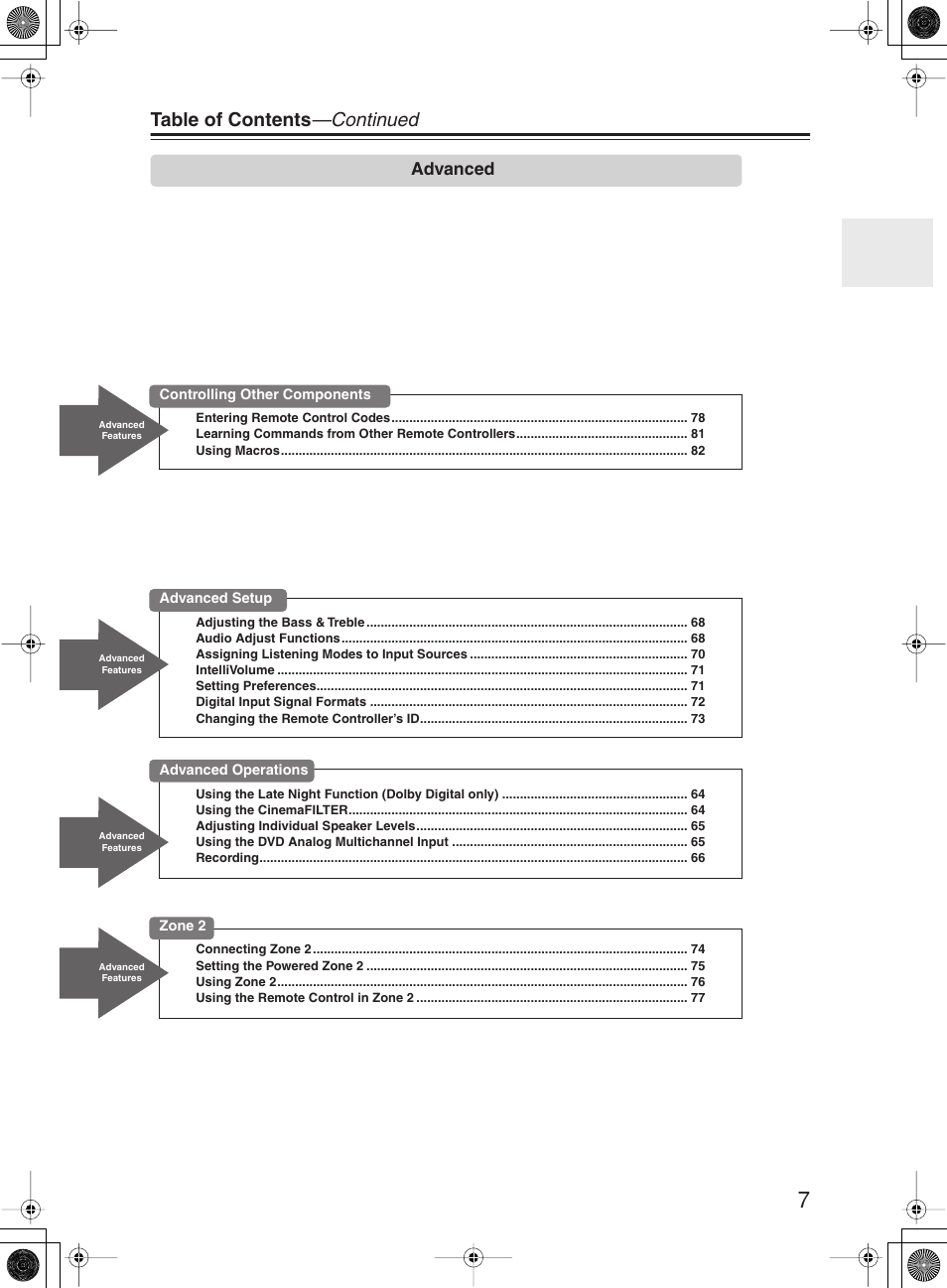 Table of contents —continued, Advanced | Onkyo TX-SR603X User Manual | Page 7 / 88