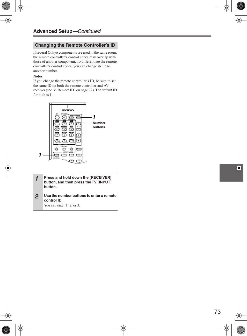 Advanced setup —continued, Changing the remote controller’s id | Onkyo TX-SR603X User Manual | Page 73 / 88