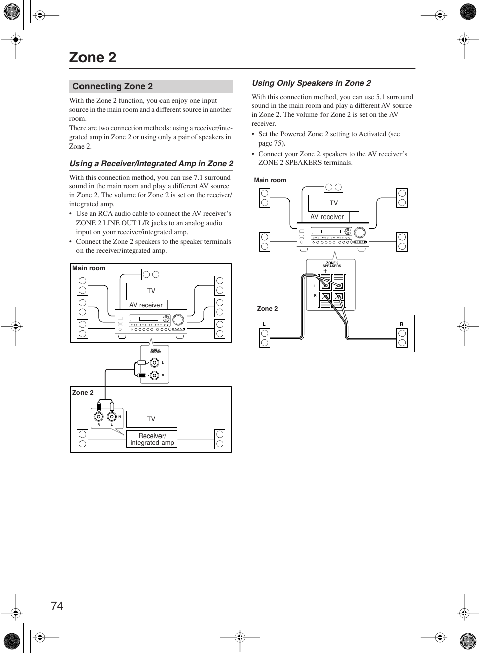 Zone 2, Connecting zone 2 | Onkyo TX-SR603X User Manual | Page 74 / 88