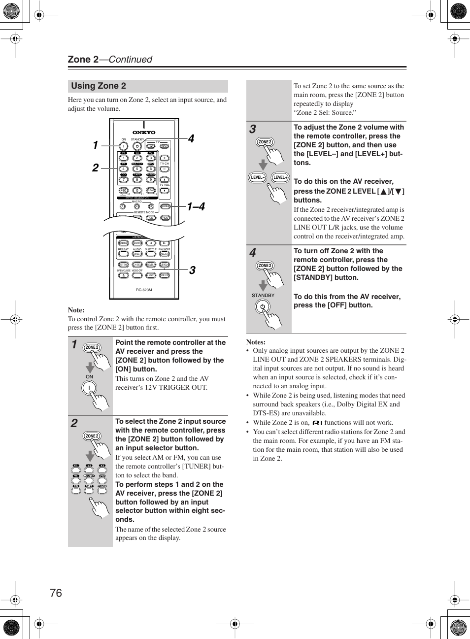 Zone 2 —continued, Using zone 2 | Onkyo TX-SR603X User Manual | Page 76 / 88