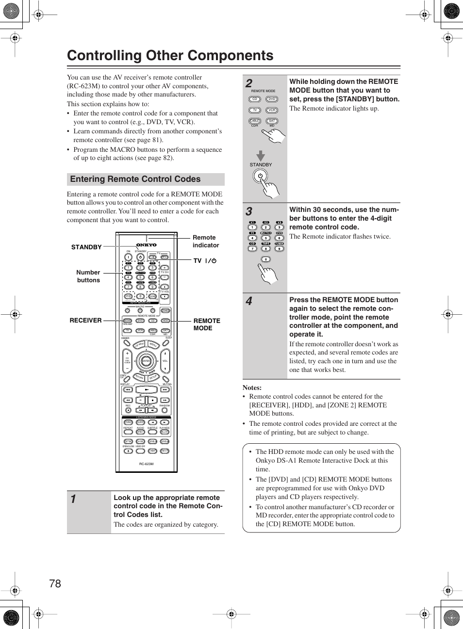 Controlling other components, Entering remote control codes | Onkyo TX-SR603X User Manual | Page 78 / 88
