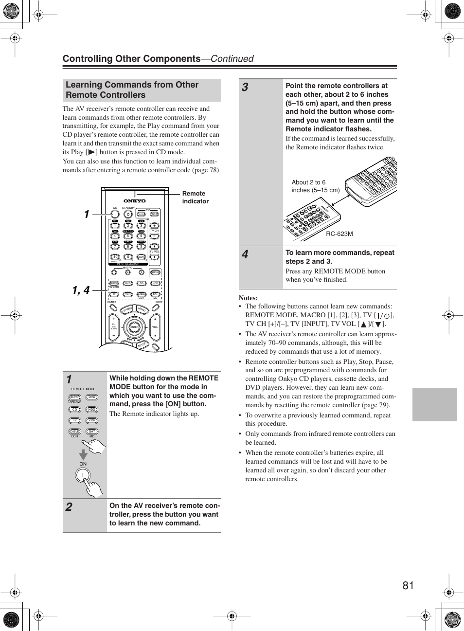 Controlling other components —continued, Learning commands from other remote controllers, Remote indicator | Onkyo TX-SR603X User Manual | Page 81 / 88