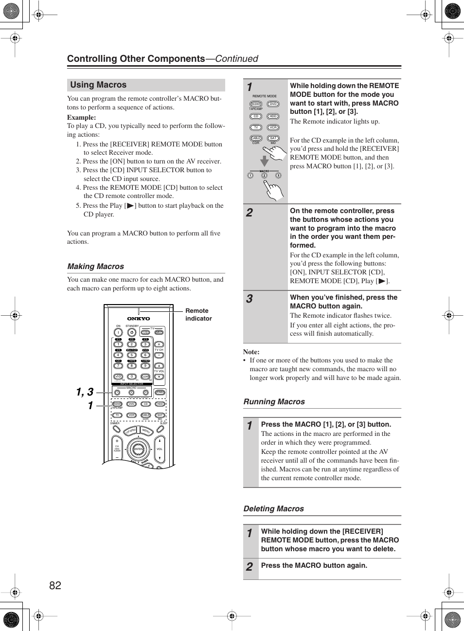 Controlling other components —continued, Using macros, Making macros | Running macros deleting macros | Onkyo TX-SR603X User Manual | Page 82 / 88