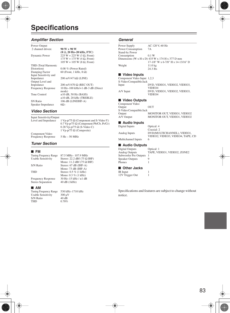 Specifications | Onkyo TX-SR603X User Manual | Page 83 / 88