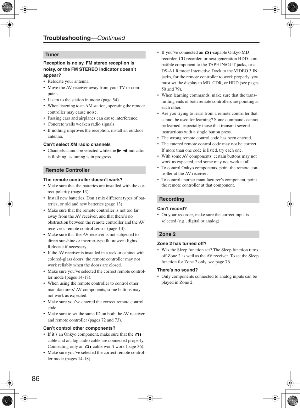 Troubleshooting —continued | Onkyo TX-SR603X User Manual | Page 86 / 88