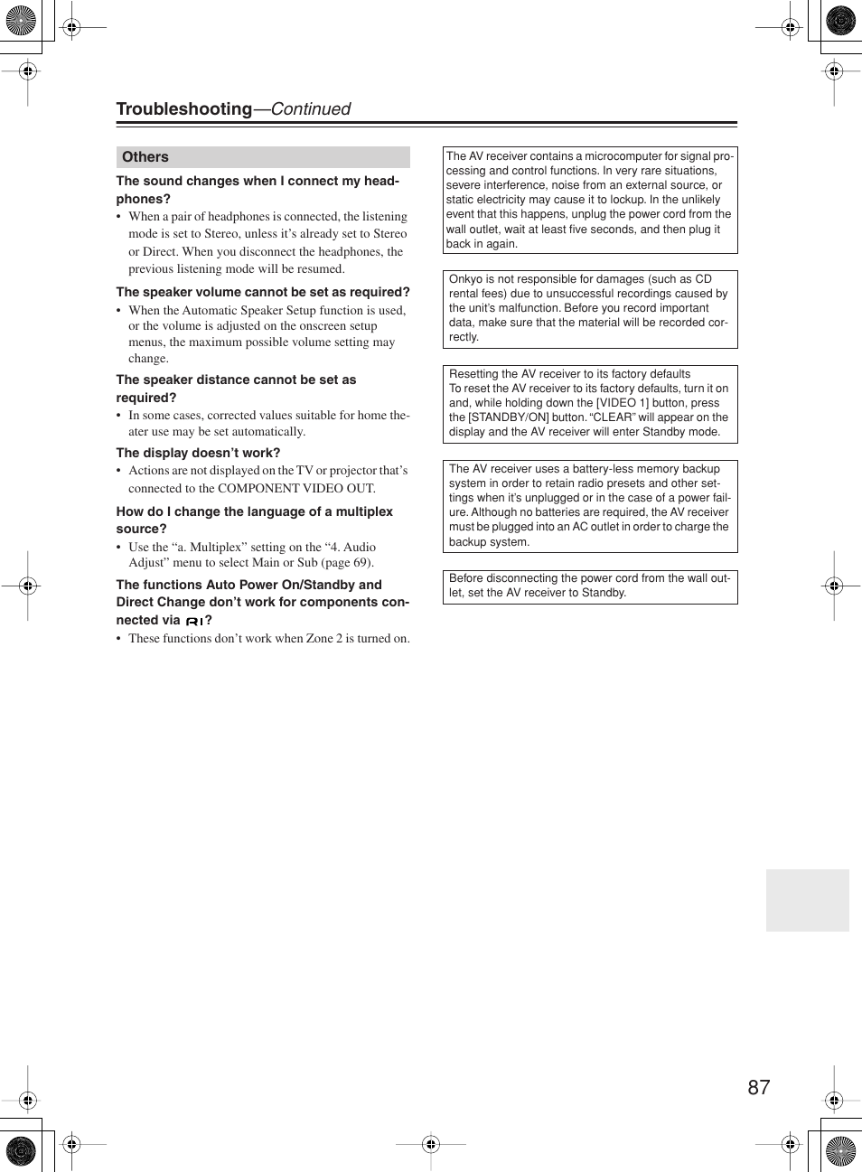 Troubleshooting —continued | Onkyo TX-SR603X User Manual | Page 87 / 88