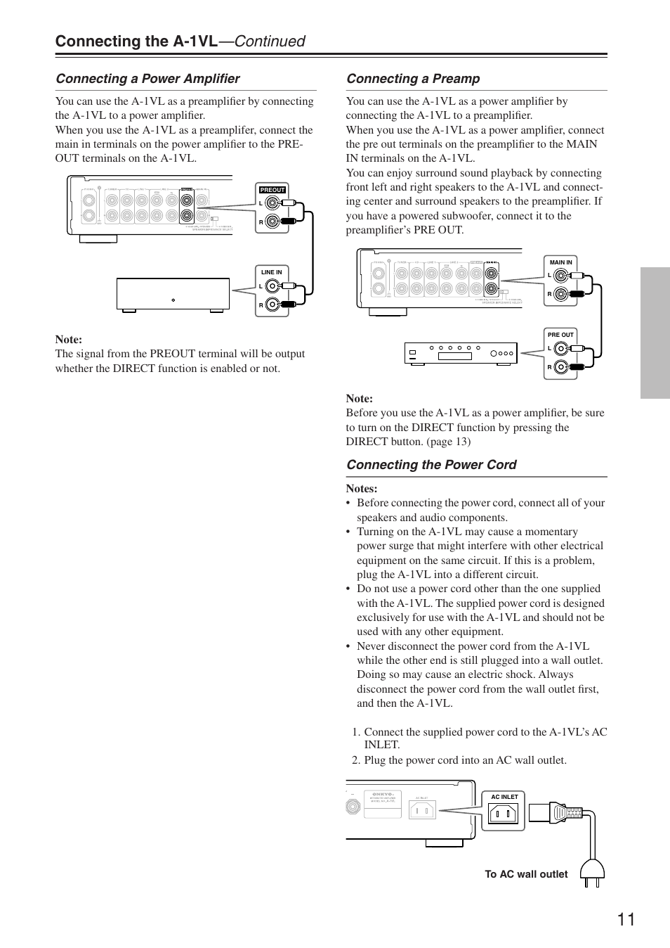 Connecting the a-1vl —continued, Connecting a power amplifier, Connecting a preamp | Connecting the power cord | Onkyo A-1VL User Manual | Page 11 / 16