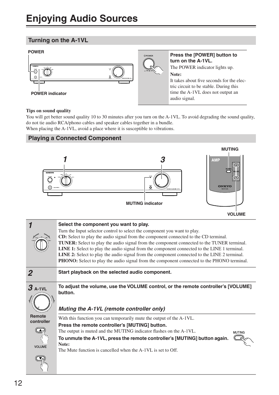 Enjoying audio sources | Onkyo A-1VL User Manual | Page 12 / 16