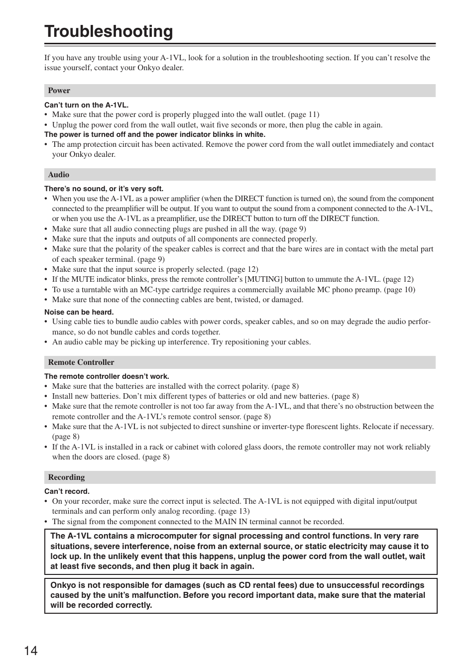 Troubleshooting | Onkyo A-1VL User Manual | Page 14 / 16