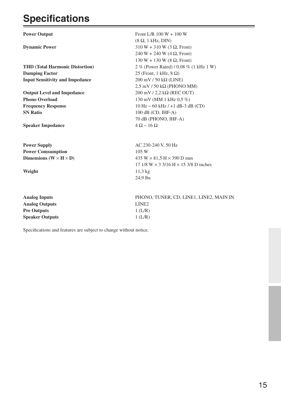 Specifications | Onkyo A-1VL User Manual | Page 15 / 16