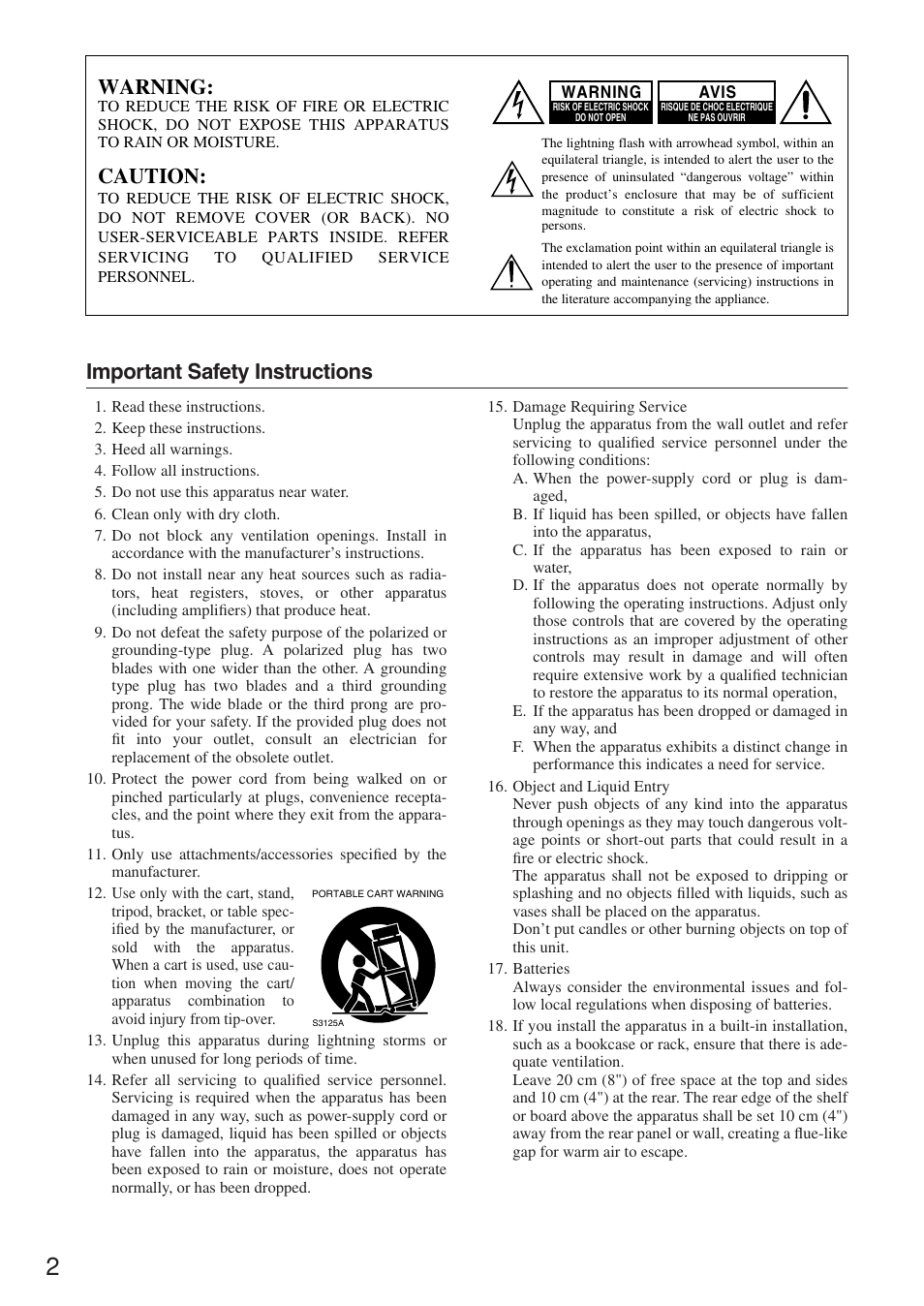Important safety instructions, Warning, Caution | Onkyo A-1VL User Manual | Page 2 / 16